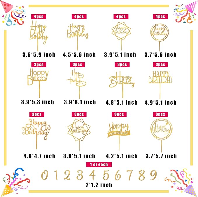 50 PCS Gold Happy Birthday Cake Topper Acrylic Cupcake Topper Pick for Birthday Cake Desserts Decorations (Gold)
