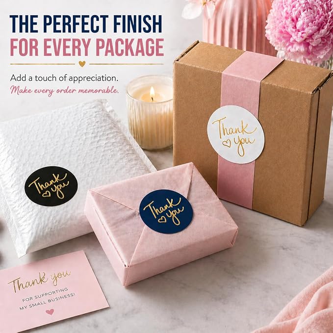 500 2 inch Thank You Stickers – Round Labels with Gold Foil Heart (Black, White, Pink, Navy)– Large Stickers for Small Business Packaging, Envelopes, Gift Bags & Orders – Self-Adhesive Seals