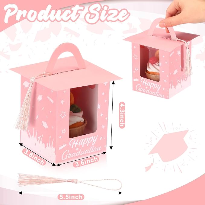 Outus 30 Pcs Graduation Cupcake Boxes Graduation Gift Box Congrats Grad Cupcake Container Candy Boxes with Window and Tassel for 2026 College High School Grad Party(Pink)