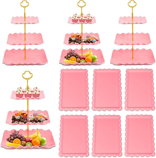 10 Pack Dessert Table Display Set - 4 x Three-Tier Square Cupcake Stands and 6 x Serving Trays, Elegant Tableware for Cakes, Cupcakes, Pastries, and Snacks, Perfect for Parties (Pink)