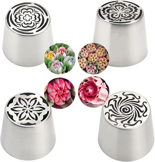 4pcs Russian Piping Tips Set Extra Large Stainless Steel Flower Icing Nozzles One Step Peony Carnation Dahlia Rose Tips for Cake Decorating ButtercreamCupcake Baking Supplies for Beginners