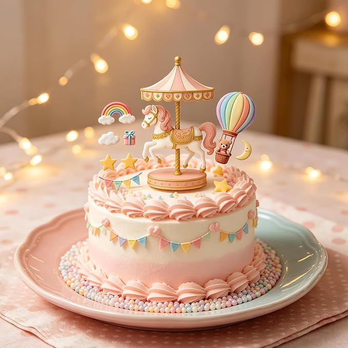 2Pcs Carousel & Hot Air Balloon Fondant Molds 3D Bear Rainbow Silicone Candy Molds for Cake Decorating, Cupcake Toppers, Cholocate, Polymer Clay, UV Resin, Flexible Gum Paste Tool