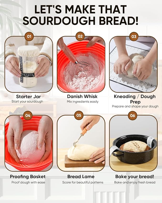 Sourdough Starter Kit for Beginners, 34 oz Starter Jar with Scale Marking, 2 Silicone Proofing Baskets, Complete Bread Baking Kit with Guide & Recipes, Easy to Use & Clean - Red
