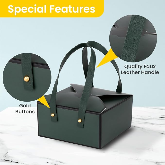 Hammont Gift Boxes - 4 Pack of Gift Boxes with Faux Leather Handles - Cookie Boxes - Versatile Gift Boxes for Presents - Elegant Box for Cakes Candy | Jewelry | Chocolates (6"x6"x3" (Green))