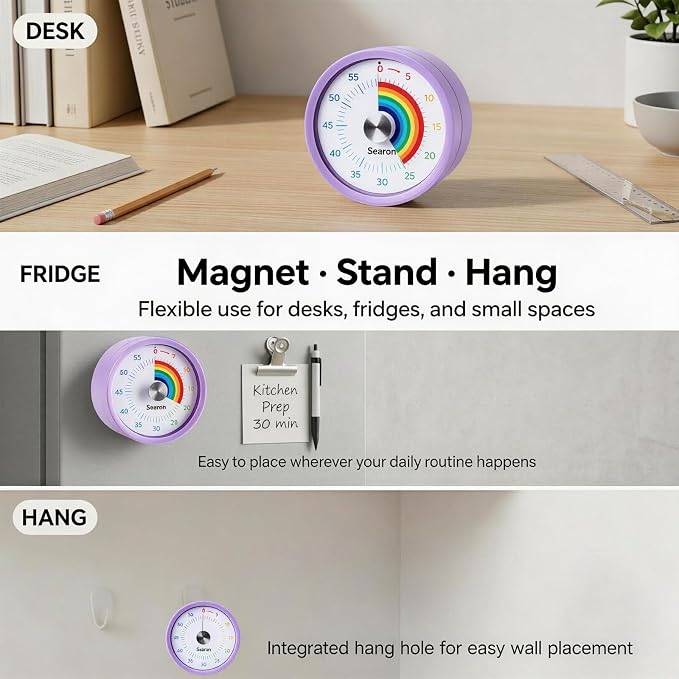 Searon Magnetic Visual Timer for Kids — 3.15" 60-Minute Rainbow Dial Timer for Homework, Study & Morning Routines, Silent LED Mode, Pause Function for ADHD, Kitchen, Cooking & Baking (Purple)