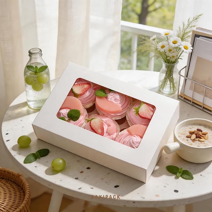 25 Cupcake Boxes, White Cupcake Boxes 6 Count with Window and Inserts, Cupcake Holders for Cupcakes, Muffins, Cookies, Pastries