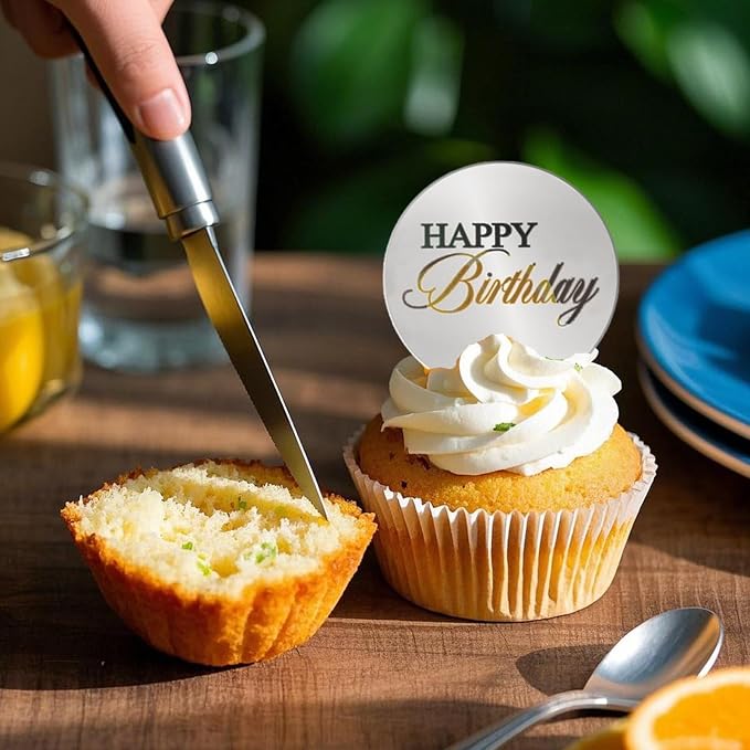 20pcs Silver Birthday Cupcake Toppers Acrylic Cake Picks for Party Decor | Mirror Design Birthday Party Supplies Round Picks DIY Gifts Flower Bouquet Pastries Desserts Decor