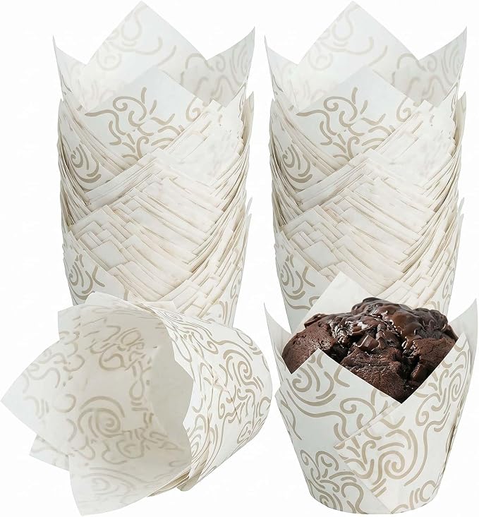 200 Pcs White Tulip Cupcake Liners for Baking, White Wavy Line | Standard Greaseproof Tulip Muffin Liners for Baking, 3oz White Paper Cupcake Wrappers for Party Wedding Birthday