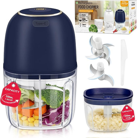 Portable Electric Garlic Chopper, 2 Bowls(1 Cup&1.5 Cup) Cordless Mini Food Processor【Up-Durable Motor】【2 Sets 304 Stainless Steel Blade】Grind for Garlic,Onion,Meat,Baby Food,BPA FREE(BLUE)