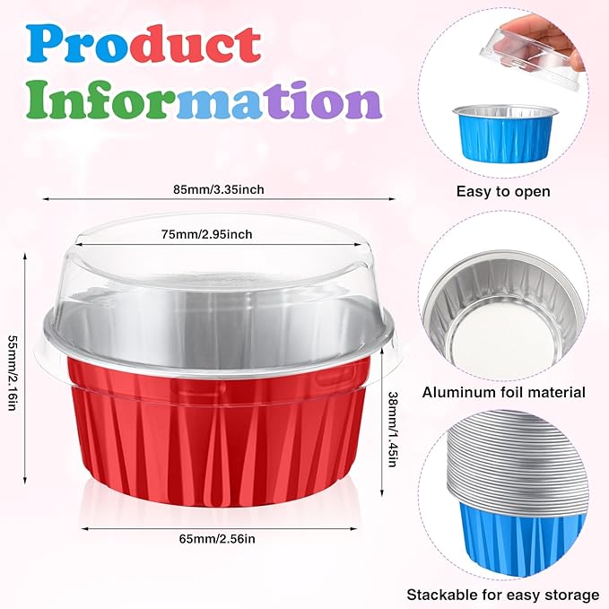 200 Pack Aluminum Foil Cupcake Liners with Lids, 5 oz Round Baking Cup, Disposable Ramekin Container for Graduation Wedding Independence Day Party(Mixed Color,Plain)