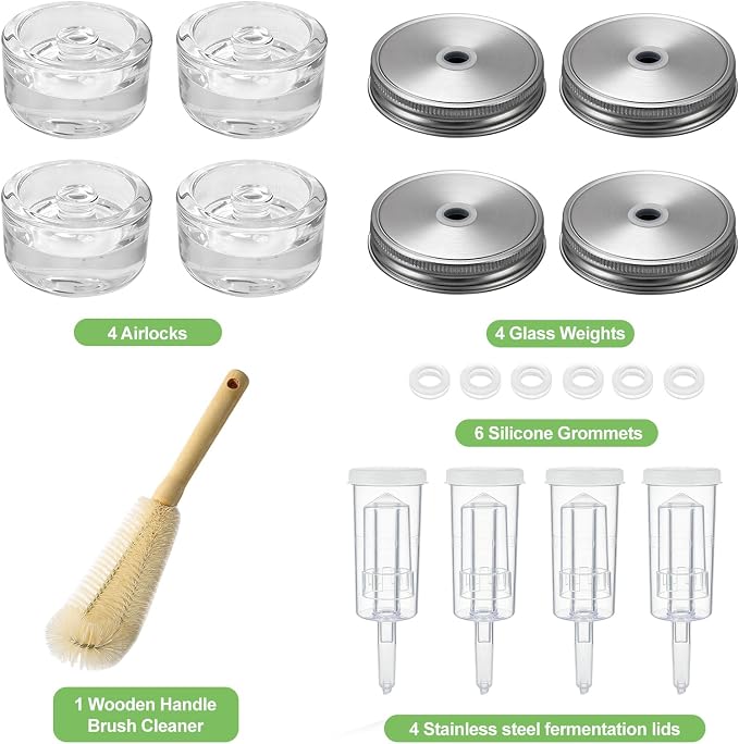 Klemon Fermentation Kit for Wide Mouth Mason fermentation Jar,Pickle sauerkraut Kit,4 Fermentation Lids,4 Glass Fermentation Weights,1Wooden Brush Cleaner(Jars Not Included)