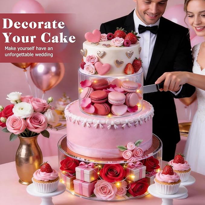 SAMYUCHO Acrylic Cake Stand with Led Lights, 2 PCS Round Cake Riser | 6"Dx4"H 10"Dx4"H, Tight Lid Design, DIY Decoration, Reusable Clear Display Cake Tier, For Party Wedding Holiday