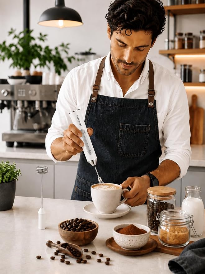 Rechargeable Milk Frother Handheld, Electric Coffee Frother with 2 Whisk, 3-Speed Powerful Drink Mixer, USB-C, Milk Foamer for Coffee, Latte, Cappuccino,Matcha & HotChocolate(White no Stand)