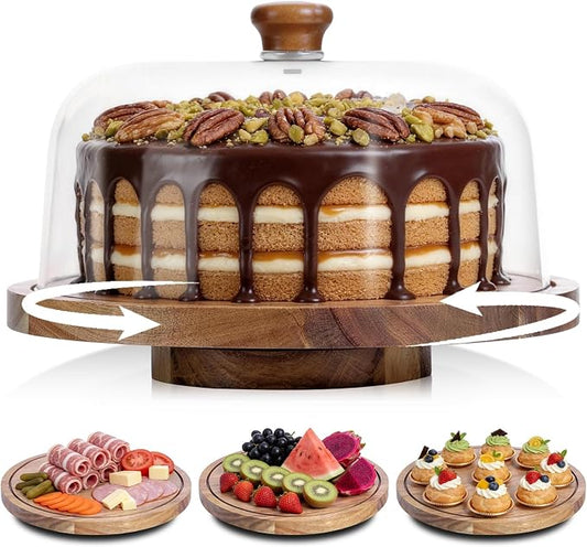 Acacia Wood Cake Stand with Lid, 12in Wooden Cake Stand with Acrylic Dome, Cake Display Stand with Acrylic Dome for Baking, Wedding, Kitchen, Birthday, Parties(Not Glass)