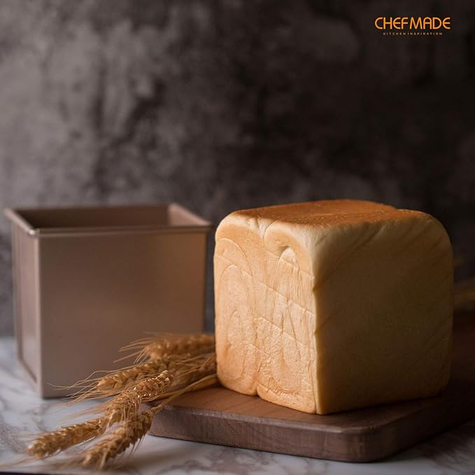 CHEFMADE Mini Pullman Loaf Pan with Lid, 0.55Lb Dough Capacity Non-Stick Rectangle Flat Toast Box for Oven Baking 4" x 4"x 3.9"(Champagne Gold)