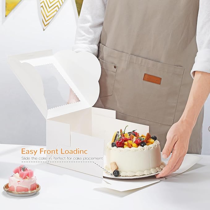 Small Cake Boxes 8 Inch with Window, 48 Set Bakery Boxes with Cake Boards & Stickers, Cupcake Box for Birthday, Party, Wedding, Mother's Day, Valentine's Day, Christmas（8x8x5 inch）