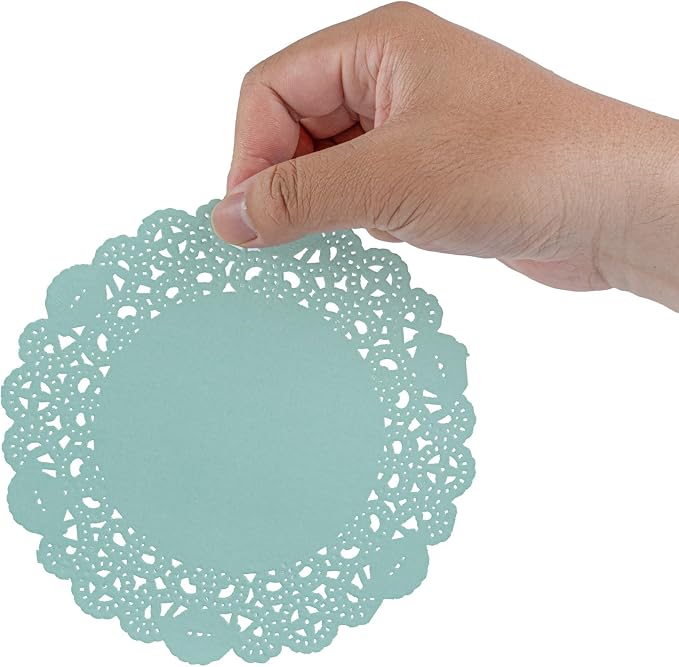 Pastry Tek 6 x 6 Inch Paper Lace Doilies, 100 Disposable Table Doilies - Elegant Lace Finish, Long Lasting, Teal Paper Doily, for Pastries, Cupcakes, Desserts - Restaurantware