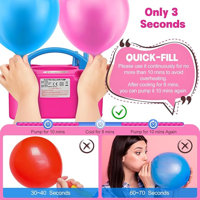 FLSEPAMB Balloon Pump, Electric Balloon Pump,Portable Dual Nozzles Electric Balloon Air Pump 110V 600W, Electric Balloon Inflator with Tying Tool, Colored Ribbons for Party Decoration