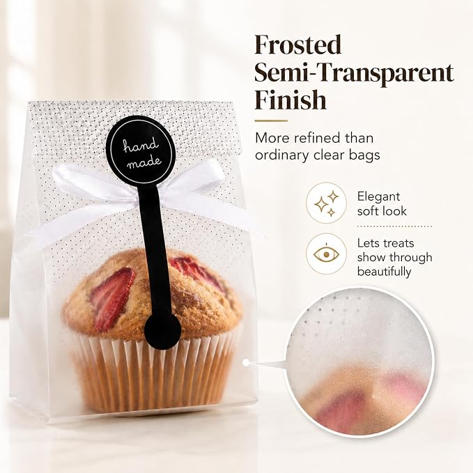 YunKo Cookie Bags for Packaging, 100 Pack Cellophane Treat Bags for Gift Giving, 3.4 x 9 in Cookie Packaging for Homemade Treats, Muffins, Candy, Mini Loaf, Party Favors, Black Dot
