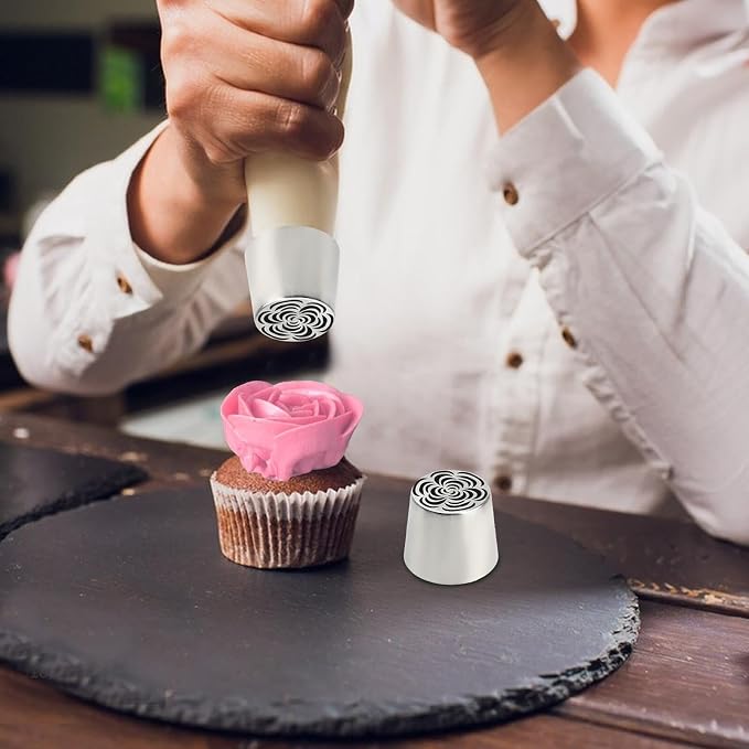 Piping Nozzle 2pcs Extra Large Russian Piping Tips, Stainless Steel Flower Nozzles Set, Rose & Floral Icing Tips for Cupcakes, Cookies Professional Baking Tools Icing Tips