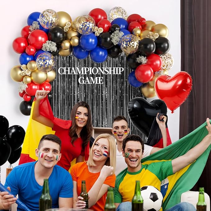 157Pcs Black Gold Red Blue Balloons Garland Arch Kit with Black Fringe Curtain Backdrop for Graduation Birthday New Year's Eve Baby Shower Party Decorations