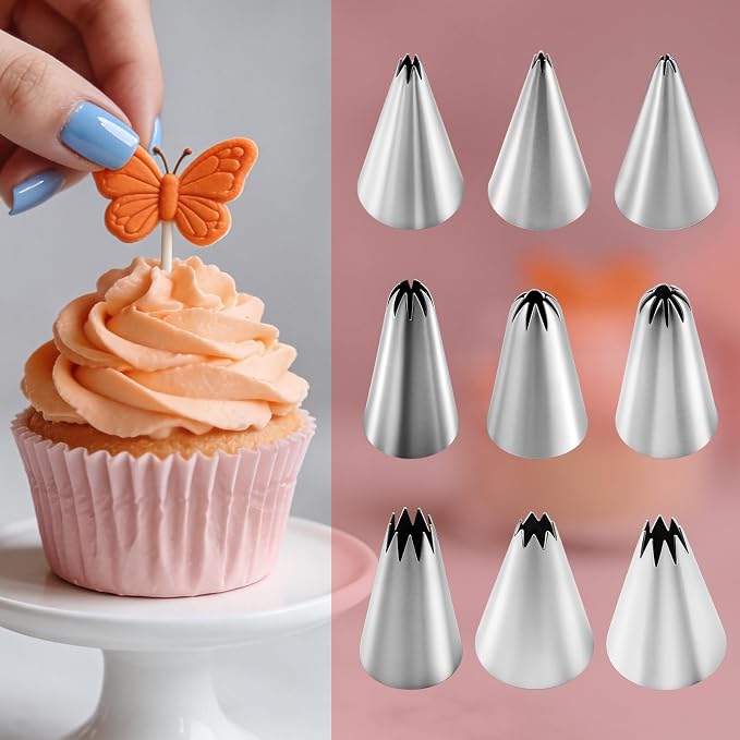 9-Piece Open Star Piping Tips Set - Small French Star Frosting Nozzles, Stainless Steel Icing Tips Star Pastry Tips, Frosting Nozzle Kit for Cupcakes Cakes Cookies Decorating