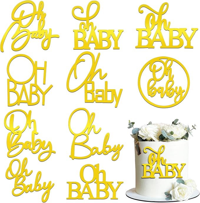 10 PCS Gold Cake Topper Mirror Acrylic Cake Topper Side Cake Decorations Gold Cake Inserts Cake Decorating Supplies Cupcake Toppers for Gender Reveal Baby Birthday Party Decorations