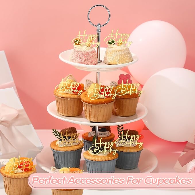 Weysat 30 Pcs Gold Mirror Acrylic Cupcake Toppers Happy Birthday Cake Decorations for Birthday Party Cupcake Toppers