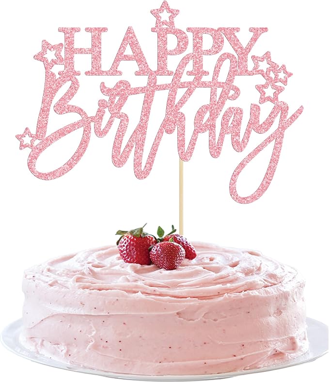 Gyufise 1Pcs Happy Birthday Cake Topper Glitter Happy Birthday Cake Pick for Celebrating Happy Birthday Anniversary Theme Party Cake Decorations Supplies Dark Pink