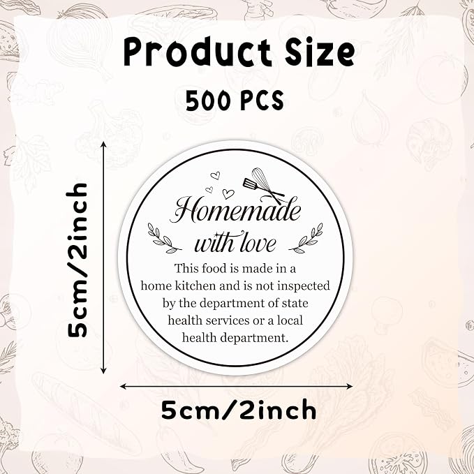 PANTIDE Cottage Food Law Labels Stickers - 500 Count Homemade with Love Adhesive Round Decal Roll, Made in a Home Kitchen Inspection Statement Thermal Printed for Baked Food Packaging (2 x 2 Inch)