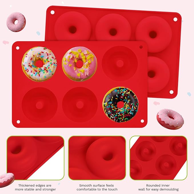 2er Pack Silicone Donut Mold - Non-Stick Silicone Doughnut Pan DIY Chocolate Baking Cookie Molds, Heat Resistant, Make Donut Cake Biscuit Bagels, BPA Free Dishwasher Safe (red, 6 Cavities)