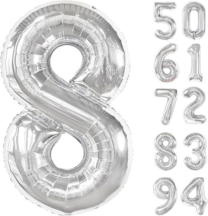 Silver 8 Balloon, Number Balloons 40 Inch, 8th Birthday Decorations for Boys Girls, Silver Birthday Balloons, Silver Party Supplies, Number 8 Balloon