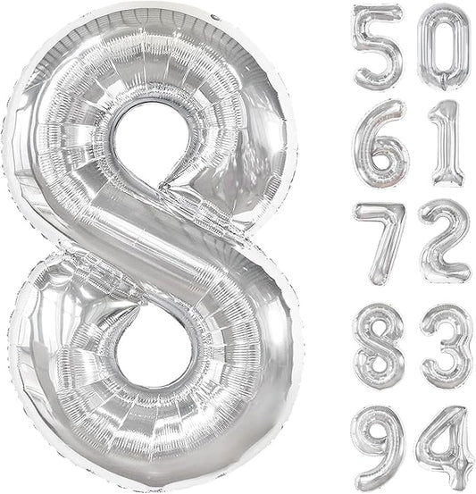 Silver 8 Balloon, Number Balloons 40 Inch, 8th Birthday Decorations for Boys Girls, Silver Birthday Balloons, Silver Party Supplies, Number 8 Balloon