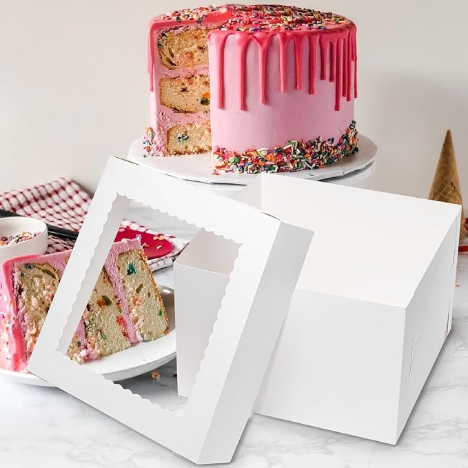 Mcfleet 16pcs Cake Boxes 10 Inch 10x10x8 Bakery Boxes for Tier Cakes with Window White Large Tall Cardboard Bakery Take Out Carrier Containers with Lids for Wedding, Birthday, Party