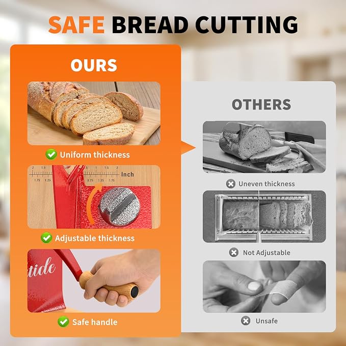 Manual Bread Slicer for Homemade Sourdough Bread, Hand Crank Bread Slicer With Scale Line, Suction Cups and Quality Solid Wood Base, Adjustable Thickness, Evenly Slice