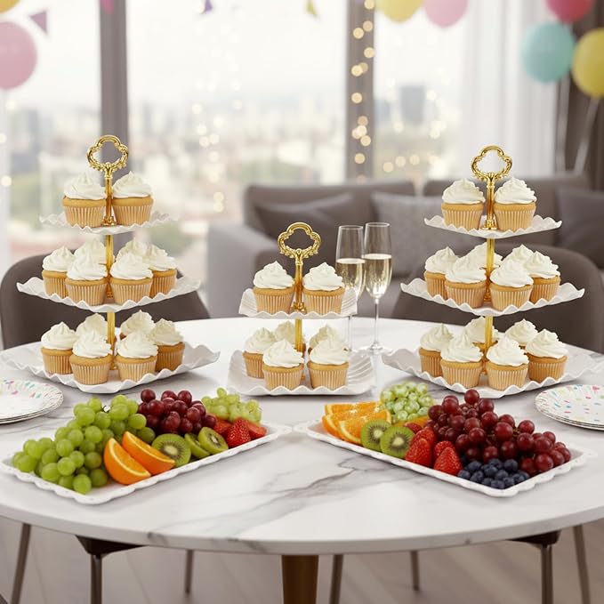 NWK 5 Piece Cake Stand Set with 2 x 3-Tier Cupcake Stands, 1 x2-Tier Cupcake Stands, 2 x Appetizer Trays, for Wedding Birthday Baby Shower Tea Party Decorations (5, Gold, Square)