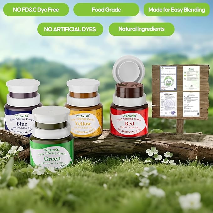 Natural Food Coloring Powder 4 Colors Set Artificial & Synthetic Dye Free Food Dye Powder for Baking Cake Decorating, Frosting, Slime Making & Cookies