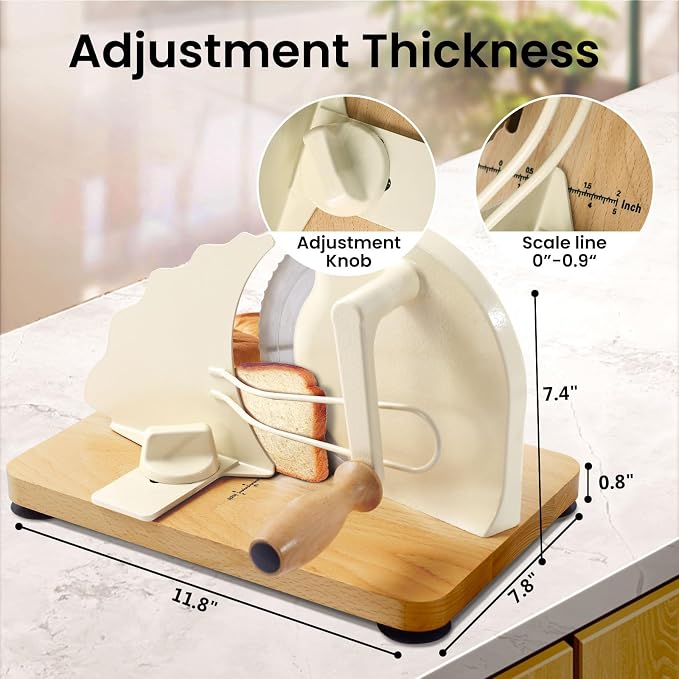 Manual Bread Slicer for Homemade Bread, Stainless Steel Slicers Serrated Blade Design, Adjustable Slice Thickness with Metal Guide, Hand Crank Bread Slicer with Scale Line and Suction Cup(Cream)