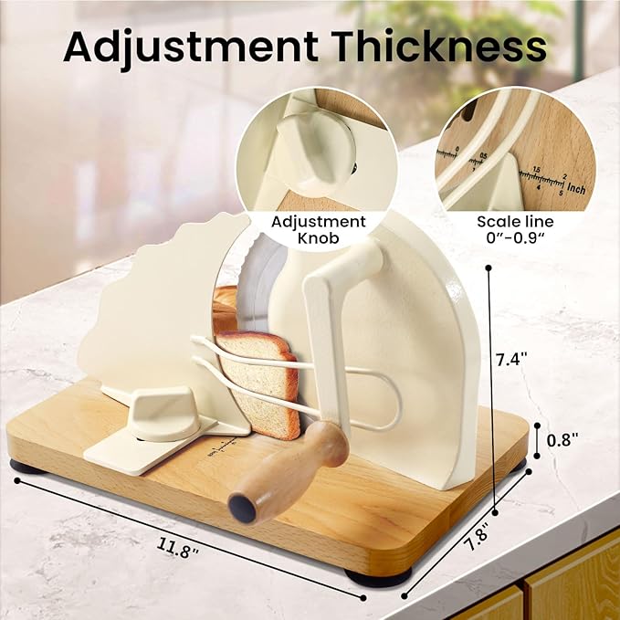 Manual Bread Slicer for Homemade Bread, Bread Cutter for Adjustable and Even Slices, Classic Hand Crank Sourdough Slicer with Scale Line & Powerful Suction Cup, Sharp Stainless Steel Blade (Cream)