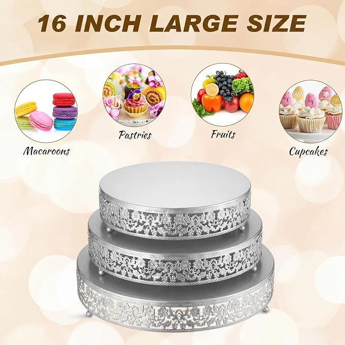 Wenqik 3 Pcs 16'' 14'' 12'' Metal Silver Cake Stand Round Cake Stands for Dessert Table Cookies Fruit Serving Tray Cupcake Dessert Pastry Riser for Wedding Birthday Party and Event(Traditional Style)