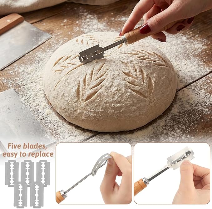 2 Pcs Banneton Bread Proofing Baskets with 2 Linen Liners & Bread Lame, Includes 5 Blades Replacement, Sourdough Proofing Baskets for Rising, Shaping, Scoring