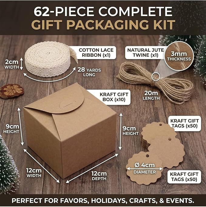MLXUANLA 62 Pack Small Gift Boxes - Cookie Boxes For Gift Giving, Ivory Lace Ribbon, Jute Twine, Kraft Tags - Brown Kraft Paper
