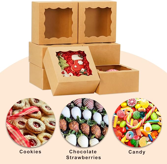 XINHPKGG 50 Pack Cookie Boxes 6x6x3 Inch Bakery Boxes with Window Treat Box Dessert Box for Macaron Mini Cake Chocolate Covered Strawberries Pastry -Brown