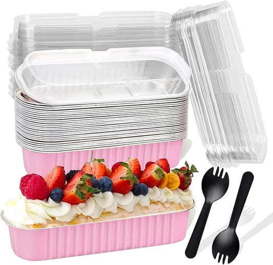 20PCS Rectangle Mini Loaf Pans With Lids,Mini Cake Pans with Lids,Disposable Ramekins Baking Cups Muffin Tins Cupcake Cups for Wedding Birthday Party,6.8oz（Pink）