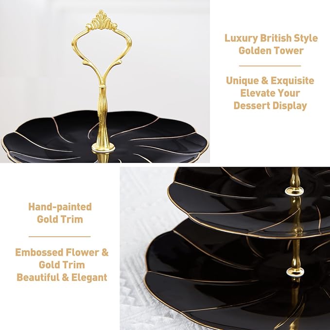 DUJUST Luxury Larger 3-Tier Cupcake Stand Tower, British Style Porcelain Serving Tray with Golden Trim, Food Grade Dessert Display Stand for Tea Party & Home Décor - 45% Black Larger Plates
