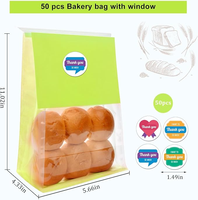 50 Pack Bakery Bags with Window - Large Reusable Cookie Bags With Seal Can Stand Upright Cookie Packaging Bag With Tin Tie Tab Lock Kraft Paper Bread Bags For Pastry,Donuts,Snacks（Green Large)