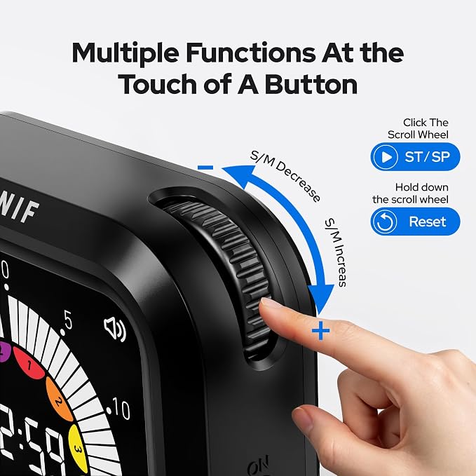 Visual Timer for Kids with Color Display Kitchen Timer 1500mAh Battery | Memory Function Scroll Wheel Control, Magnetic Back with Stand, Up to 12h59m Countdown, Kitchen, Study & Classroom