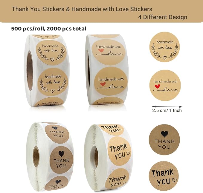 2000 Pcs Handmade with Love Stickers 1‘’ Thank You Stickers Kraft Paper Sticker Label for Homemade Goods, Envelopes, Party Deco, Bakery