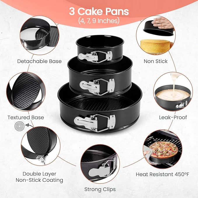 RFAQK 150PCs Cake Pan Set for Baking + Cake Decorating Supplies: 3 Round Non Stick Springform Pan Set (4, 7, 9 inches),24 Icing Tips,Cake Leveler–Multi-functional Leak-Proof Cake Pans & eBook