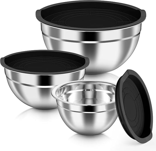 HaWare Mixing Bowls with Airtight Lids, 6-Piece Stainless Steel Salad Bowls, Strong Nesting Bowls for Cooking, Prepping, Baking, Serving & Food Storage, Stackable Design, Size 4.6, 3, 1.5QT, Black